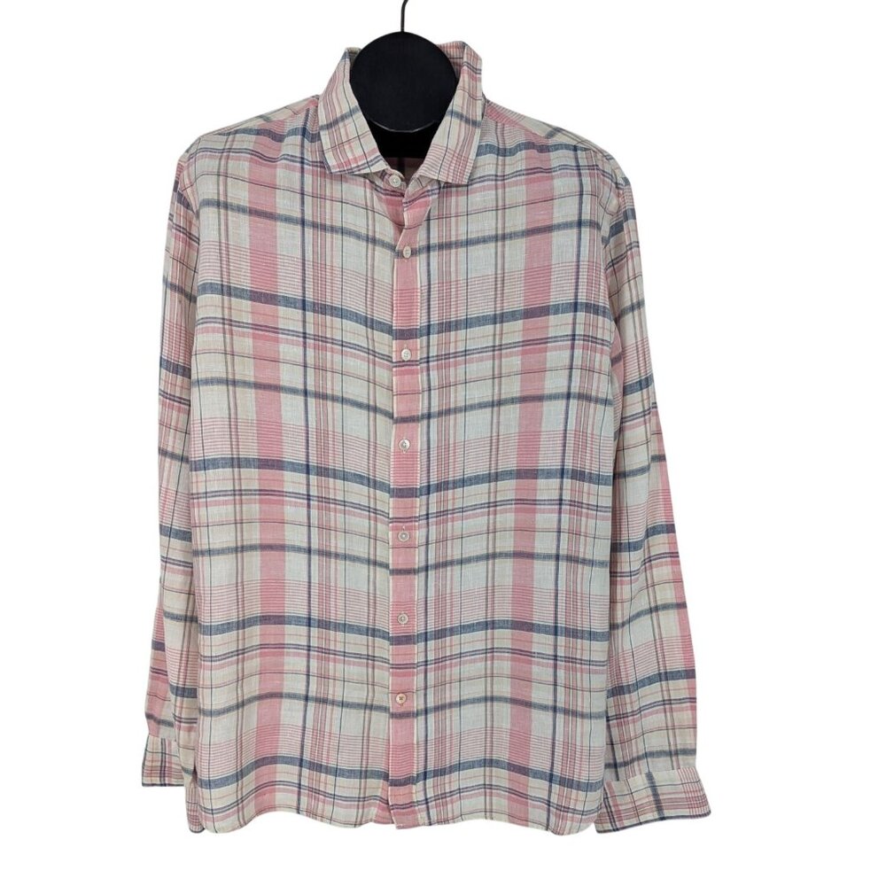 SWIMS Linen Plaid Button Up Shirt Coastal Preppy Resort Luxury Office Size XL